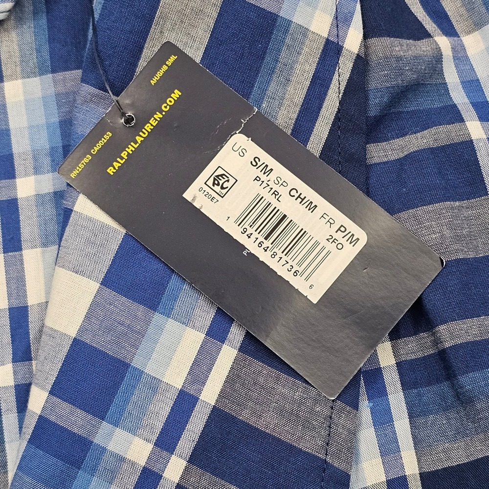 Polo Ralph Lauren Robe Mens S/M Blue White Plaid Cotton Shawl Collar Preppy NEW - Picture 6 of 8